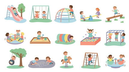 Naklejka premium Children Playing on Playground Equipment, Flat Design Vector Illustration