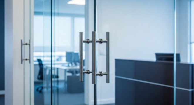 Modern Glass Door with Brushed Nickel Handles in a Bright Office Interior