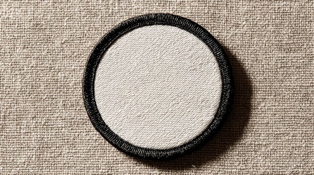 Blank round embroidered patch with black border on white center, top-down view for design mockups