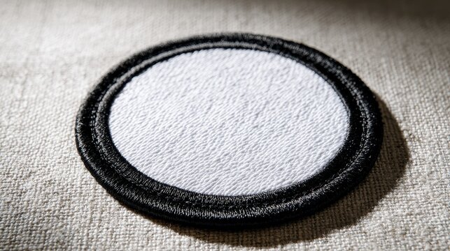 Blank round embroidered patch with black border on white center, top-down view for design mockups