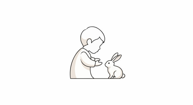 A stylized outline of a child facing a small rabbit