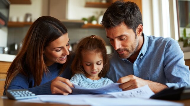Family reviewing documents at home