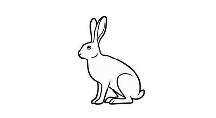 Fototapeta premium A simple black outline drawing of a rabbit sits alertly on a white background