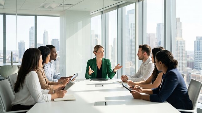 Diverse business team seated around conference table listening to poised leader in green jacket presenting strategy with confident expression and collaborative atmosphere