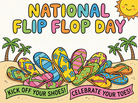Colorful illustration celebrating national flip flop day featuring a pile of vibrant sandals on a sandy beach setting to mark the annual summer holiday