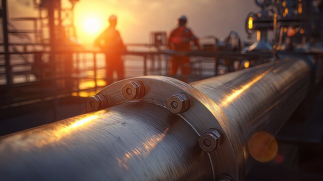 Workers working along a pipeline at sunset near an industrial area, oil refinery plant, industrial zone steel pipelines, industrial zone steel pipes, oil refinery plant