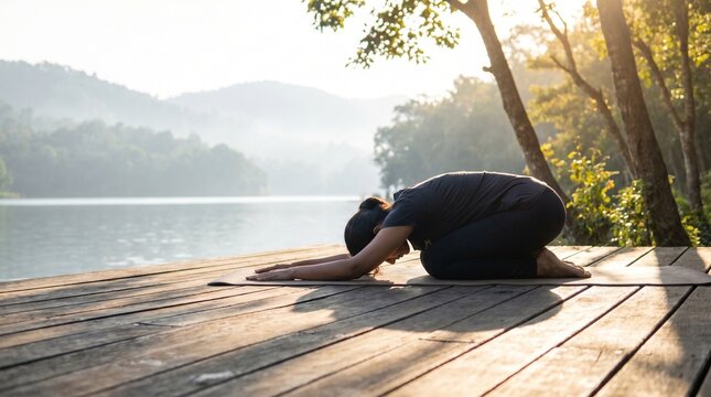 Woman practicing restorative yoga on wooden dock by misty lake at sunrise, calm serene morning with nature light and peaceful reflection
