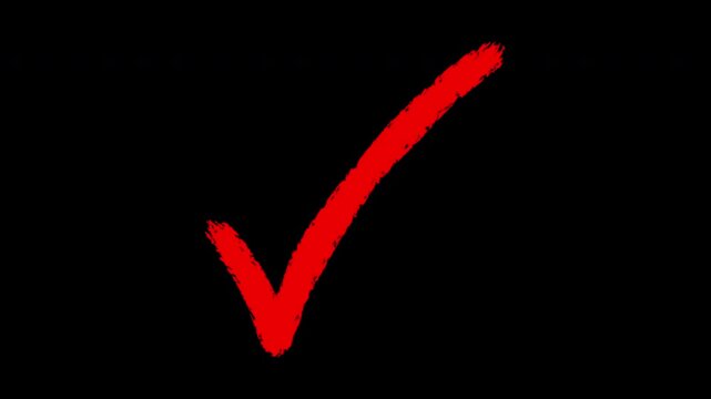 Hand drawn red check mark animation on black background, for success and, approval concepts