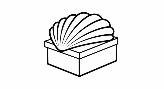 A black and white line drawing of a scallop shell atop a gift box