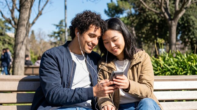 Young friends sharing earphones and smiling while looking at smartphone on park bench, enjoying sunny day and relaxed moment together