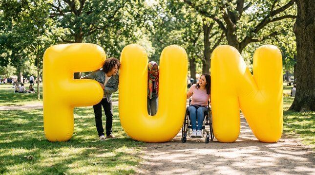 Three diverse friends laugh together outdoors holding giant yellow letters spelling FUN, wheelchair user included, sunny park scene conveying joy and inclusive friendship