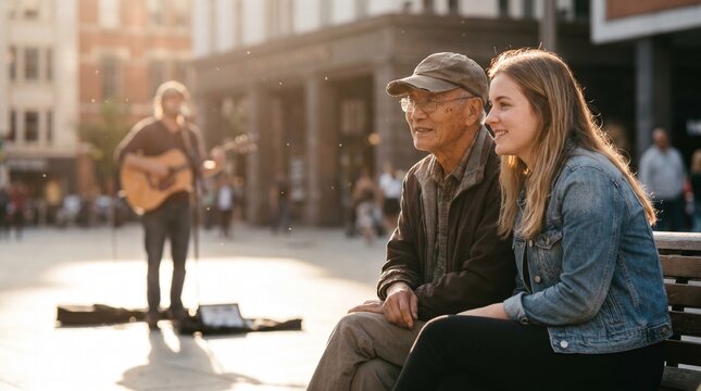 Elderly man and young woman sitting on bench smiling in sunlit urban square with busker playing guitar in background, warm golden light and candid friendly moment