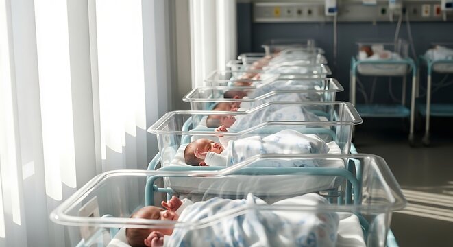Newborn babies sleeping in bassinets in a hospital nursery ward