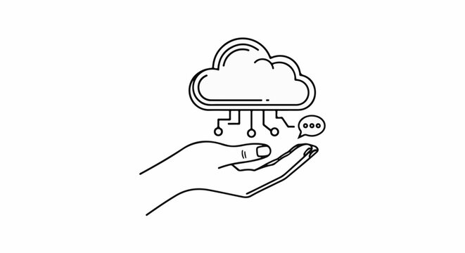 A hand holds a cloud with circuits and a speech bubble