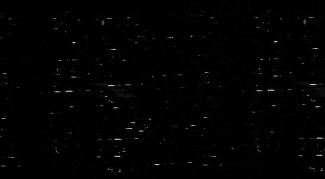Vintage VHS glitch background with pixel grain and horizontal line interference, analog television static overlay, white horror noise pattern on black for video effects.