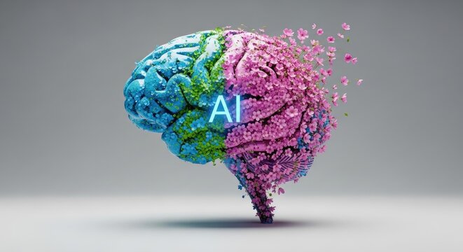 A vibrant and colorful brain, composed of various shades of blue, pink, and purple, with a burst of pink flowers exploding from the top, symbolizing the power of artificial intelligence.