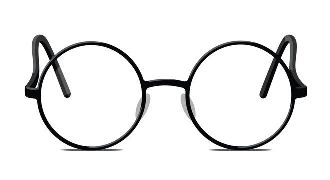 Simple pair of round black wire-rimmed glasses is isolated on a white background with a subtle shadow beneath the frames.