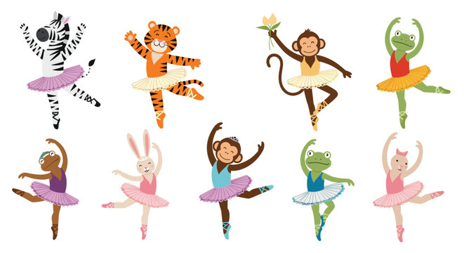 Fun pattern of various animals including a tiger and zebra wearing colorful tutus and performing graceful ballet dance moves.