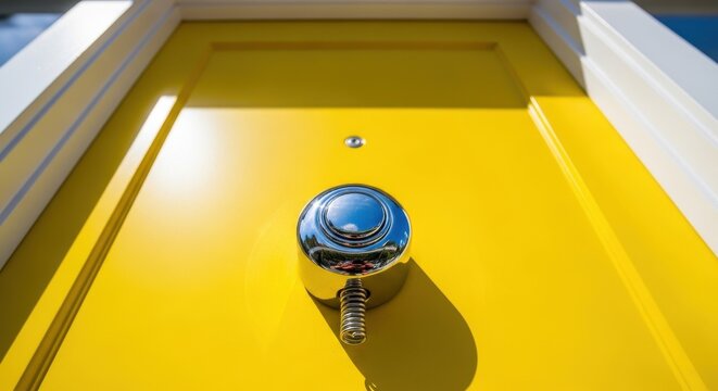 Shiny chrome doorbell button on a vibrant yellow door, capturing a bright sunny day with dramatic shadows