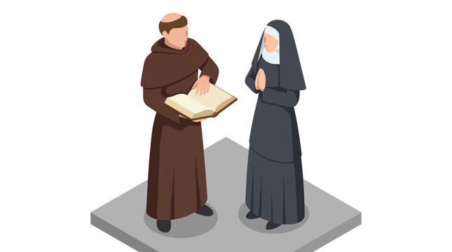 A monk and nun are discussing religious texts, symbolizing spiritual wisdom and collaboration. Their attire and serene expressions highlight their commitment to faith and service.