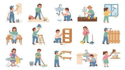 Fototapeta premium Children Doing Chores and Home Improvement, Flat Vector Illustration