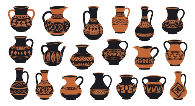 Historical collection of many different ancient Greek or Roman pottery vessels like amphorae and jars with ornate patterns.