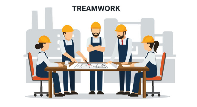 Flat illustration showing a factory meeting, workers talking, minimal style, clean layout, white background.