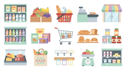 Naklejka premium Flat Design Grocery Store Shopping Icons and Elements Vector Set
