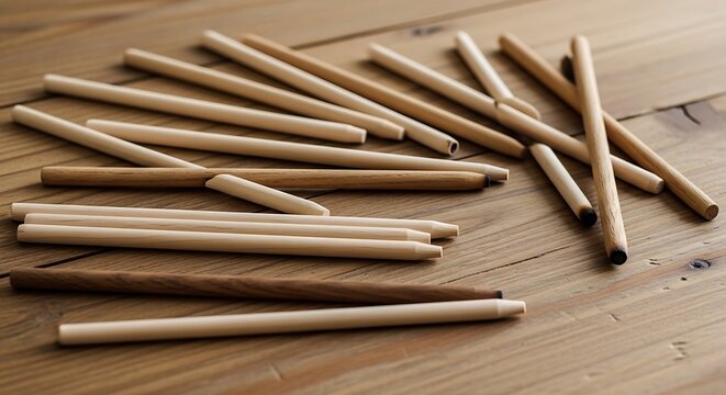 Assorted Wooden Pencils and Graphite Drawing Tools on Rustic Wooden Table.