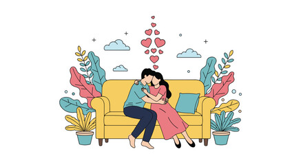 Naklejka premium Loving couple shares an affectionate moment on a yellow sofa surrounded by indoor plants and floating hearts in a cozy, decorated living room.