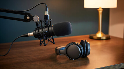 Podcast microphone and headphones set up on wooden desk with lamp in background symbolizing audio recording and content creation for broadcasting and sound production. © Sohagi