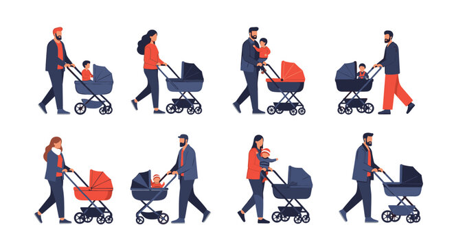 Collection of parents pushing their babies in different styles of strollers demonstrates various scenes of modern family life in the city outdoors.