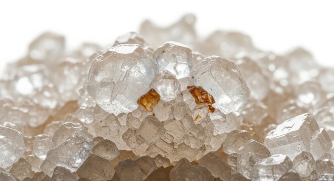 A close-up macro view showcasing a cluster of translucent white calcite or quartz crystals featuring small embedded rust-colored mineral inclusions against a bright, clean, and stark white background.