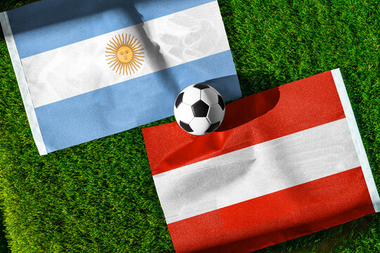 Argentina vs Austria, national flags before world championship Group J group stage match, football on green pitch with goal in the background, Arlington, USA, June 22, 2026