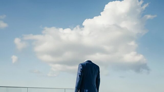 Surreal business concept showing a corporate man in a blue suit standing outdoors with a large white fluffy cloud completely obscuring his head against a clear blue summer sky