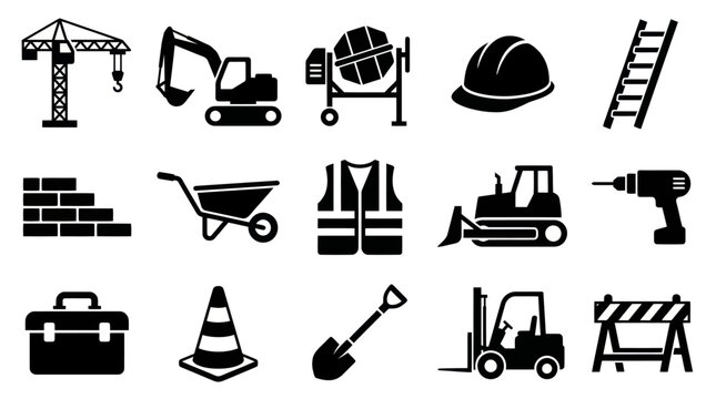 Construction Icons: Crane, Excavator, Cement Mixer, Hard Hat, Ladder, Safety Vest, Bulldozer, Drill, Bricks, Wheelbarrow, Toolbox, Cone, Shovel, Forklift, Barrier