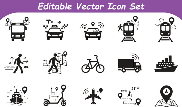 Urban public transport and navigation delivery service icons vector set