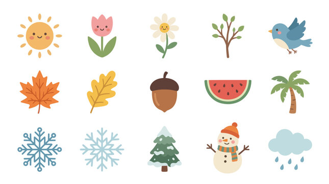 Cute cartoon icons of seasons and nature, flat vector art