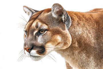 Naklejka premium Calm, alert cougar head portrait on white background, high-detail digital art