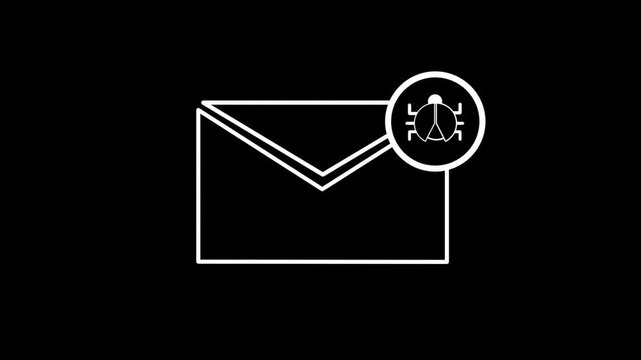 White lines animate to form an envelope icon with a bug symbol representing an email virus on a black background.