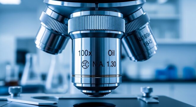 Close-up of a high-power microscope objective lens in a laboratory setting.