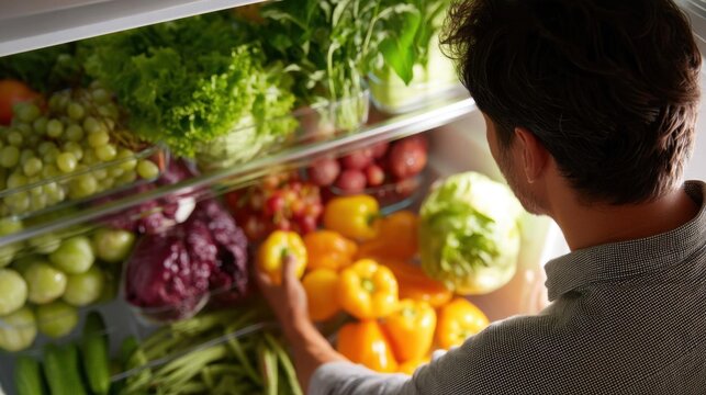 Man standing in front of an open refrigerator, looking at the contents of the fridge. he is holding a yellow bell pepper in his hand and appears to be examining it closely.