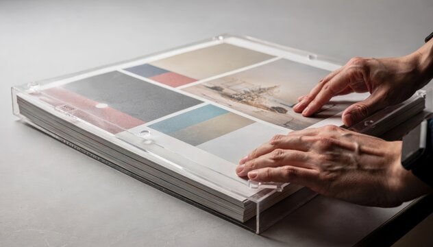 Photographers hands gently placing largeformat museum catalog pages into a protective slipcase emphasizing precision and craftsmanship.