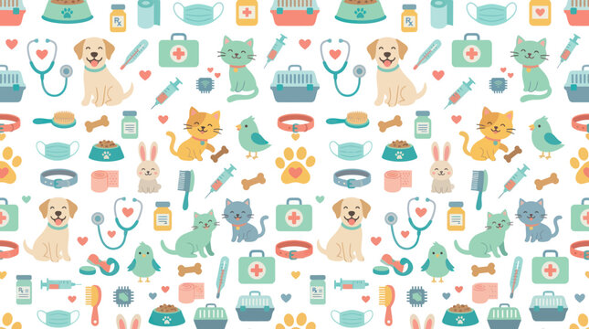 Cute Veterinarian Pet Care Pattern: Dogs, Cats, Stethoscope, Medicine