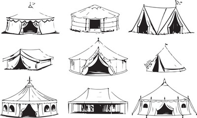 Hand drawn tent set featuring various traditional and vintage shelters for camping and outdoor activities. Vintage Outdoor Shelter Vector Set © Lal mia