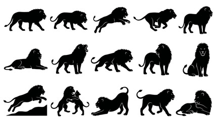 Fototapeta premium Lion Silhouettes Set Vector Black and White Wild Animal Collection
