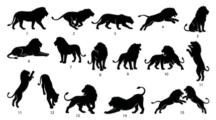 Fototapeta premium Black and White Lion Silhouettes Vector Set - Animal Icons