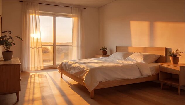 Morning Mindfulness Morning sunlight in calm bedroom with mindfulness, warm wood interior, bed near window, cozy room, quiet home comfort, and soft shadows across tidy space