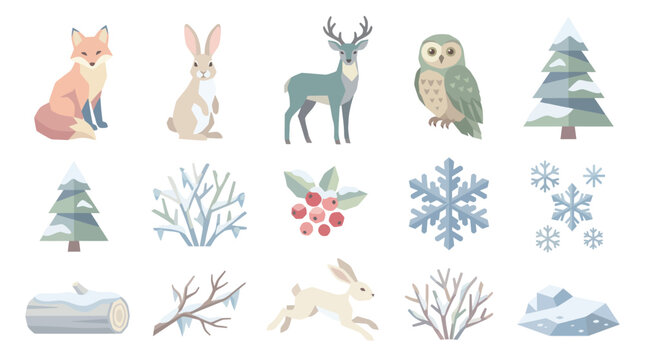 Winter Animals and Elements Flat Vector Icons Set