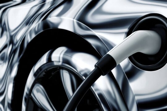 Electric car charging station with close up of plug connected to modern vehicle for sustainable transportation and clean energy technology concept.